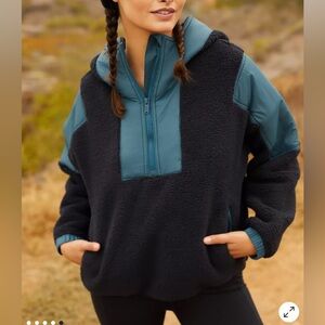 Free People FP Movement Lead The Pack Fleece Pullover Half Zip Black Teal Small